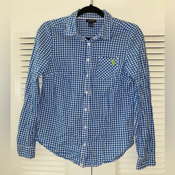 US POLO ASSN medium blue white daisy checkered top - Picture 1 of 5